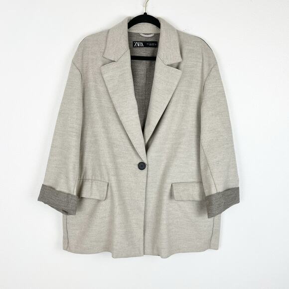 ZARA Women’s Oversized Coat Hip Length Blazer Beige Tan Bohemian Neutral Large - Picture 2 of 7